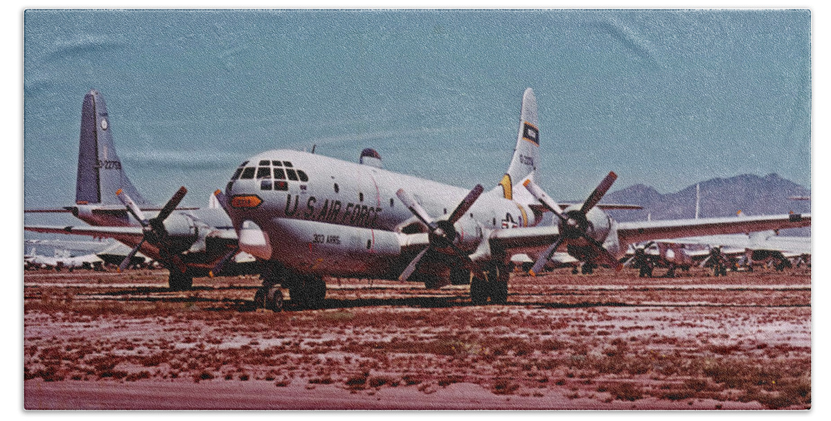 Airplane Beach Towel featuring the photograph Boeing HC-97G Statofreighter 52-2714 at MASDC April 24 1972 by Brian Lockett