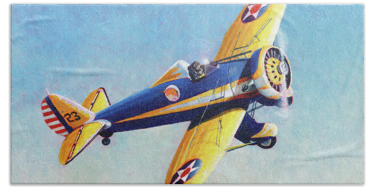 Aviation Art Beach Towel featuring the painting Boeing P-26 Peashooter by Douglas Castleman