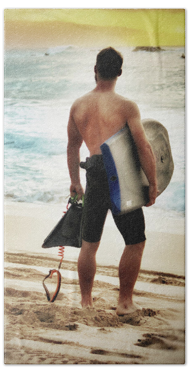 Surfer Beach Sheet featuring the photograph Boggie Boarder at Waimea Bay by Jim Albritton