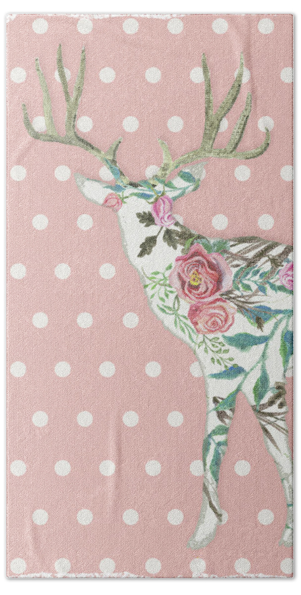 Boho Beach Towel featuring the painting BOHO Deer Silhouette Rose Floral Polka Dot by Audrey Jeanne Roberts