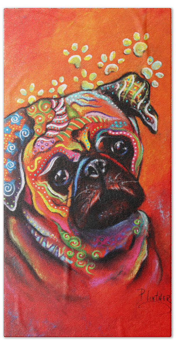 Pug Art Print Beach Towel featuring the mixed media Pug by Patricia Lintner