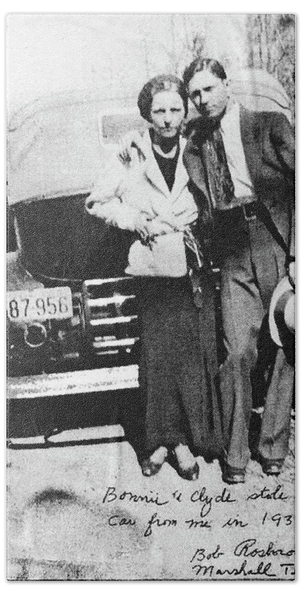 Bonnie And Clyde With A Car Clyde Stole 1933 Beach Towel featuring the photograph Bonnie and Clyde with a car Clyde stole 1933 by David Lee Guss