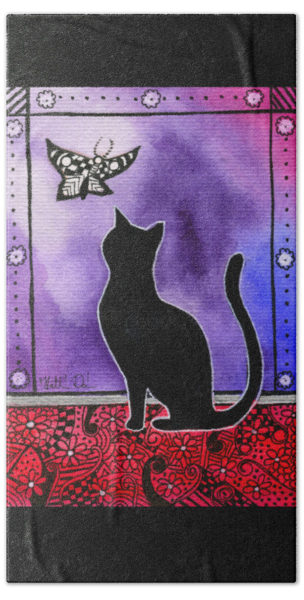 Cat Beach Towel featuring the painting Borboleta - Black Cat Card by Dora Hathazi Mendes