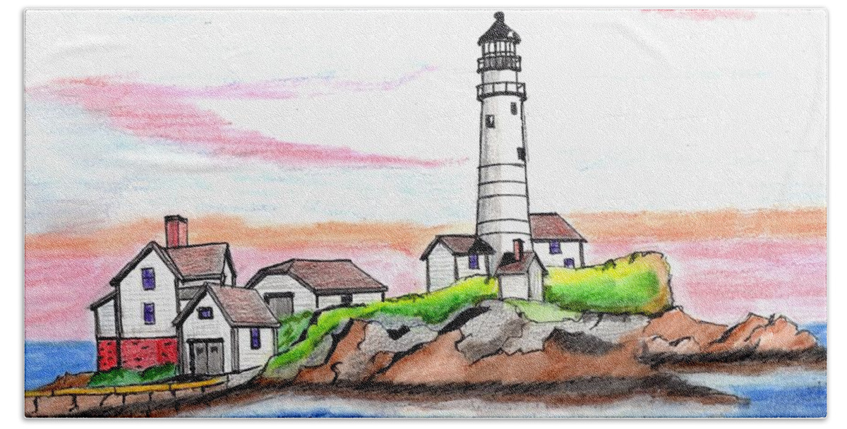Paul Meinerth Beach Towel featuring the drawing Boston Light by Paul Meinerth