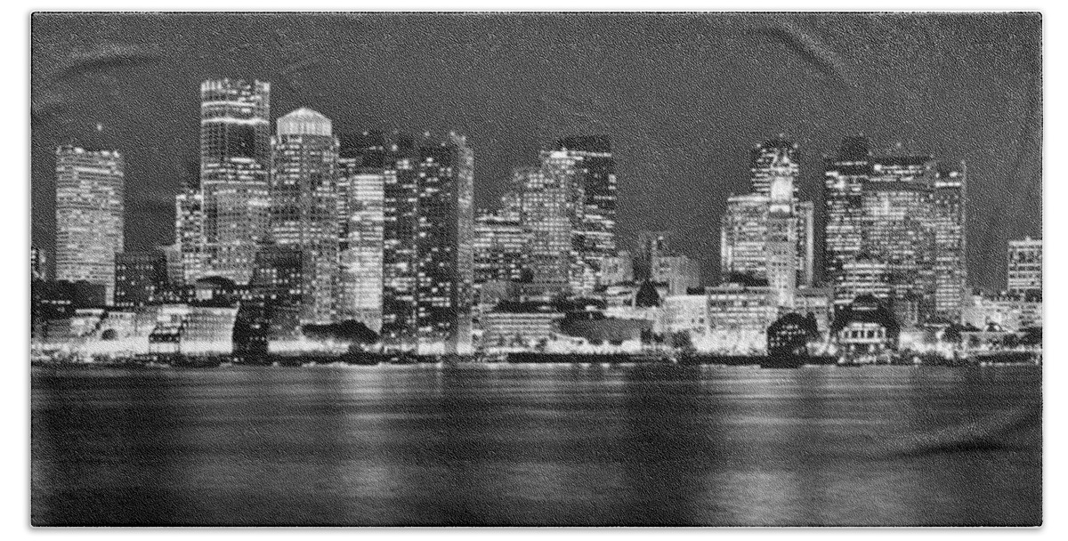 Boston Skyline At Night Beach Towel featuring the photograph Boston Skyline at NIGHT Panorama Black and White by Jon Holiday