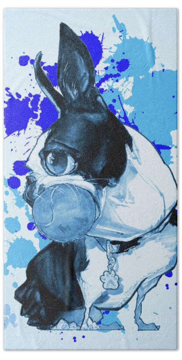 Boston Terrier Beach Sheet featuring the drawing Boston Terrier - Blue Paint Splatter by John LaFree