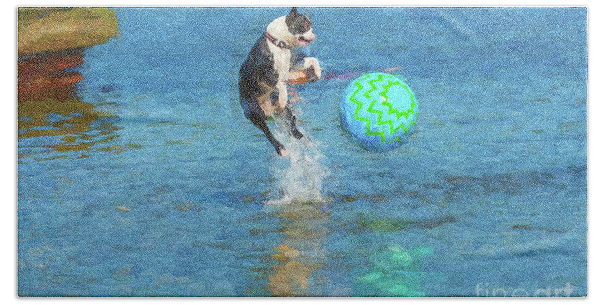 Dog Beach Towel featuring the digital art Boston Terrier Jump - painterly by Les Palenik