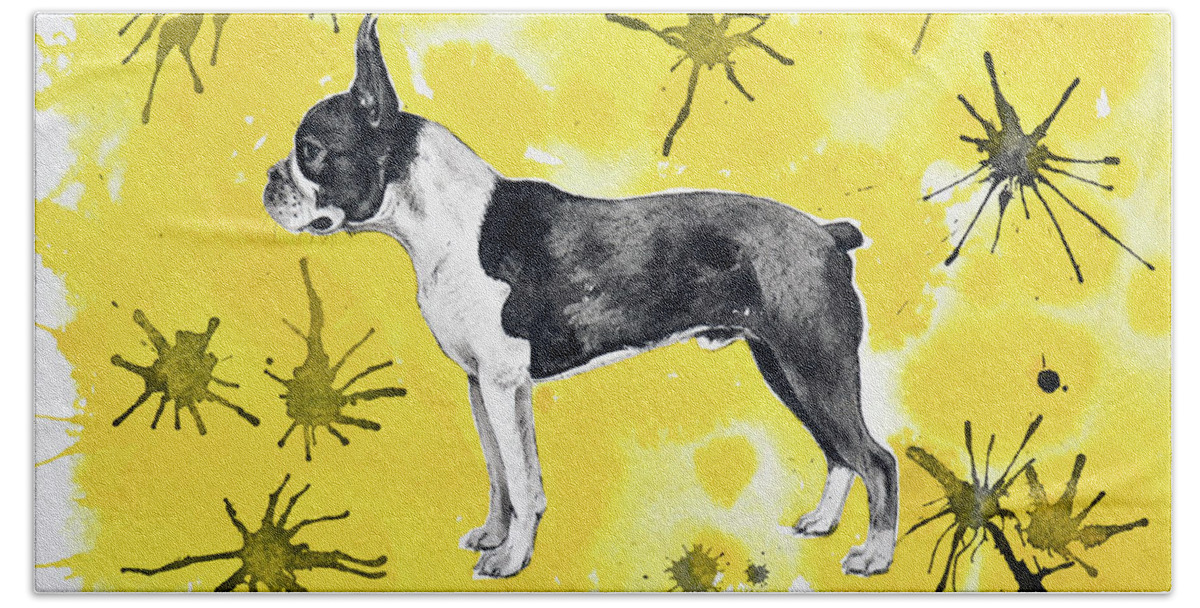 Boston Terrier Beach Sheet featuring the painting Boston Terrier on Yellow by Zaira Dzhaubaeva