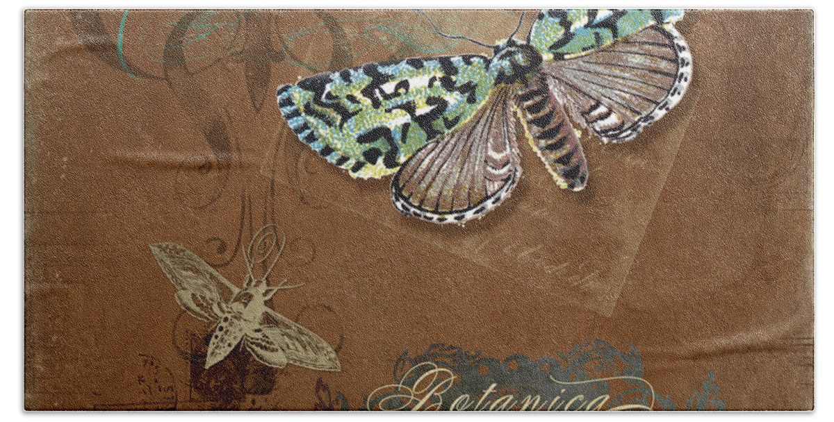 Vintage Ephemera Beach Towel featuring the digital art Botanica Vintage Butterflies n Moths Collage 1 by Audrey Jeanne Roberts