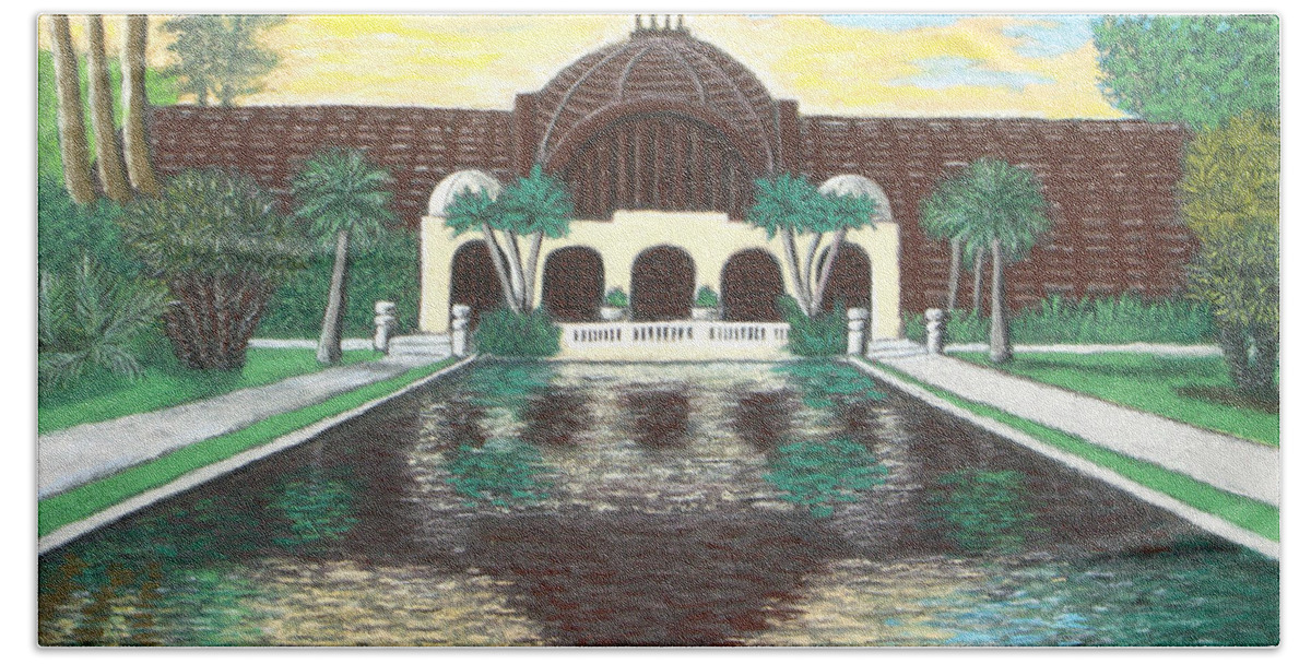 Botanical Beach Sheet featuring the pastel Botanical Building in Balboa Park 01 by Michael Heikkinen