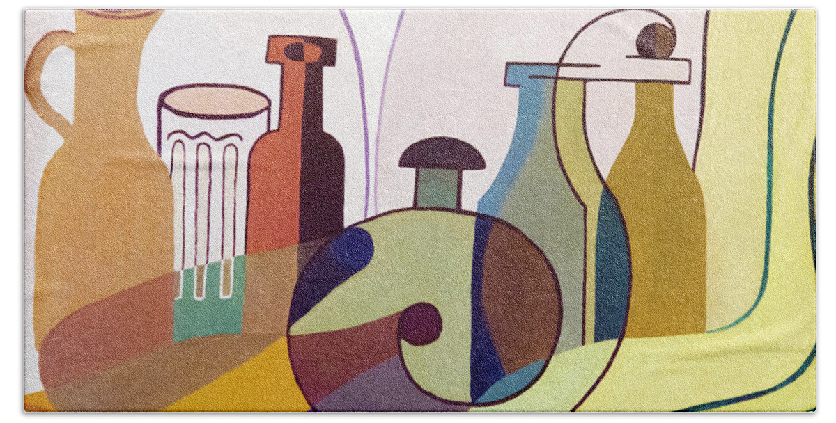 2d Beach Towel featuring the painting Bottles And Glass - Cubism by Brian Wallace