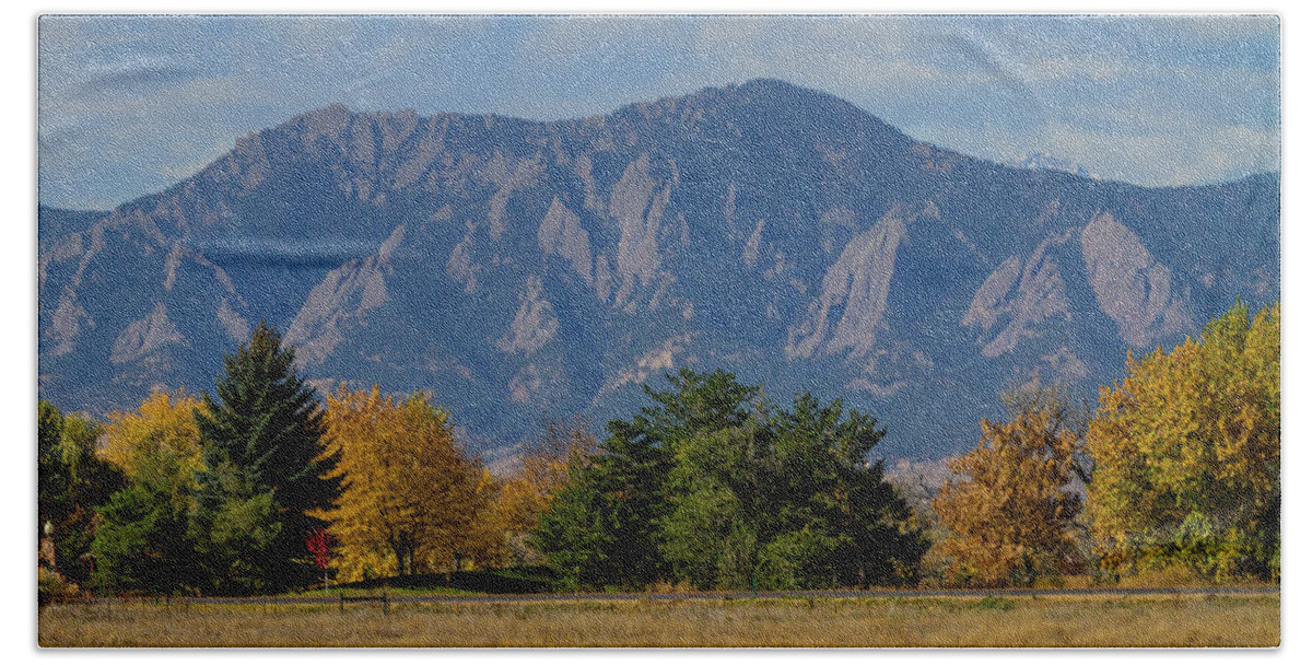 Flatirons Beach Towel featuring the photograph Boulder Colorado Autumn Flatiron Afternoon by James BO Insogna