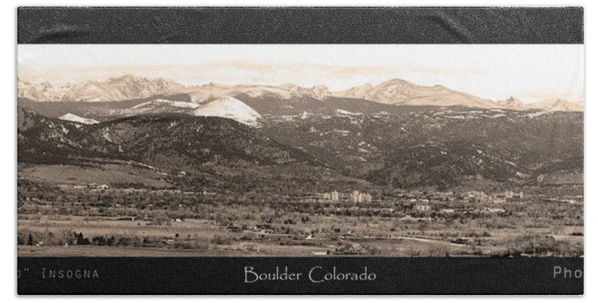 Boulder Beach Towel featuring the photograph Boulder Colorado Sepia Panorama Poster print by James BO Insogna
