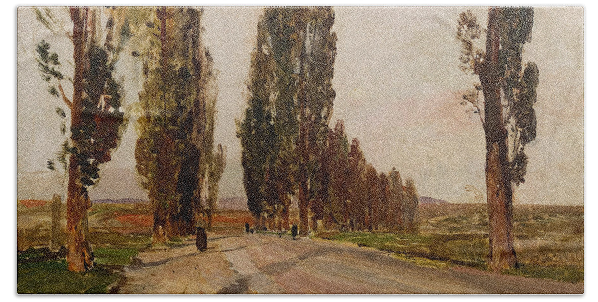 19th Century Art Beach Towel featuring the painting Boulevard of Poplars near Plankenberg by Emil Jakob Schindler