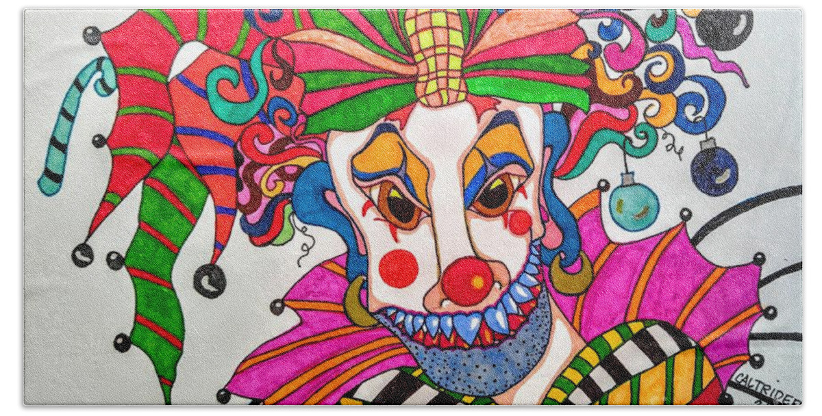 Clown Beach Sheet featuring the drawing Bow Bow the Christmas Clown by Alison Caltrider