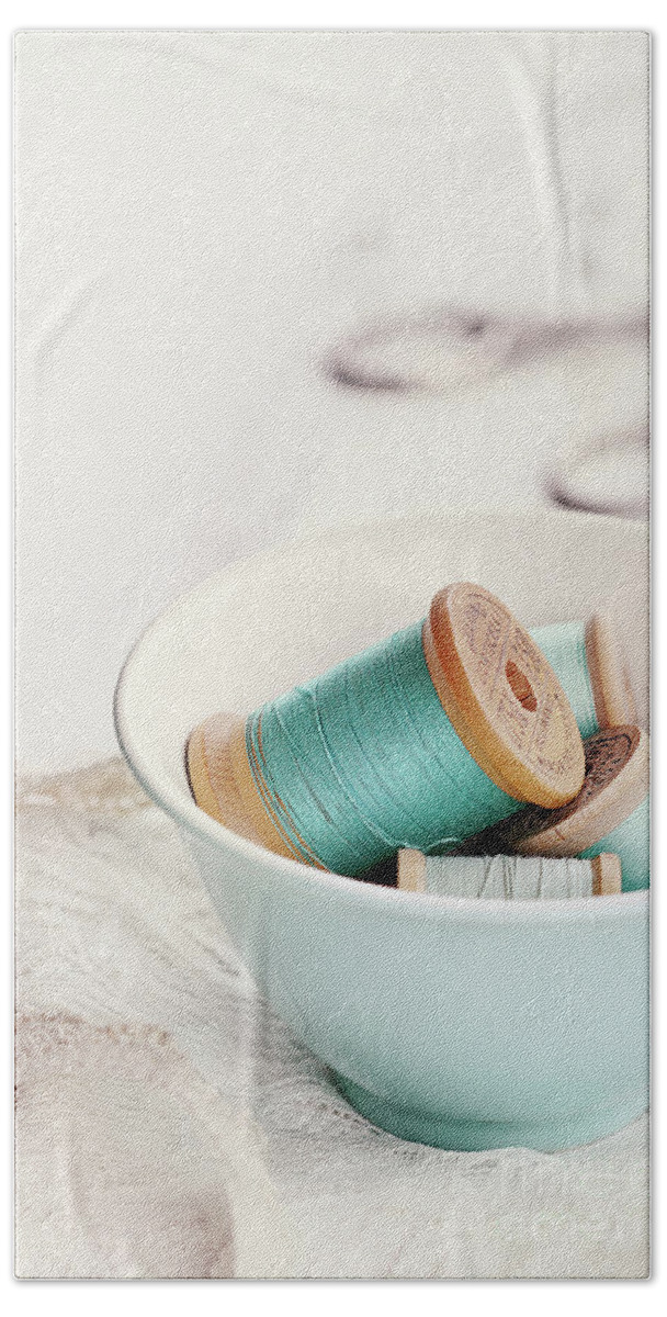 Vintage Beach Sheet featuring the photograph Bowl of Vintage Spools of Thread by Stephanie Frey