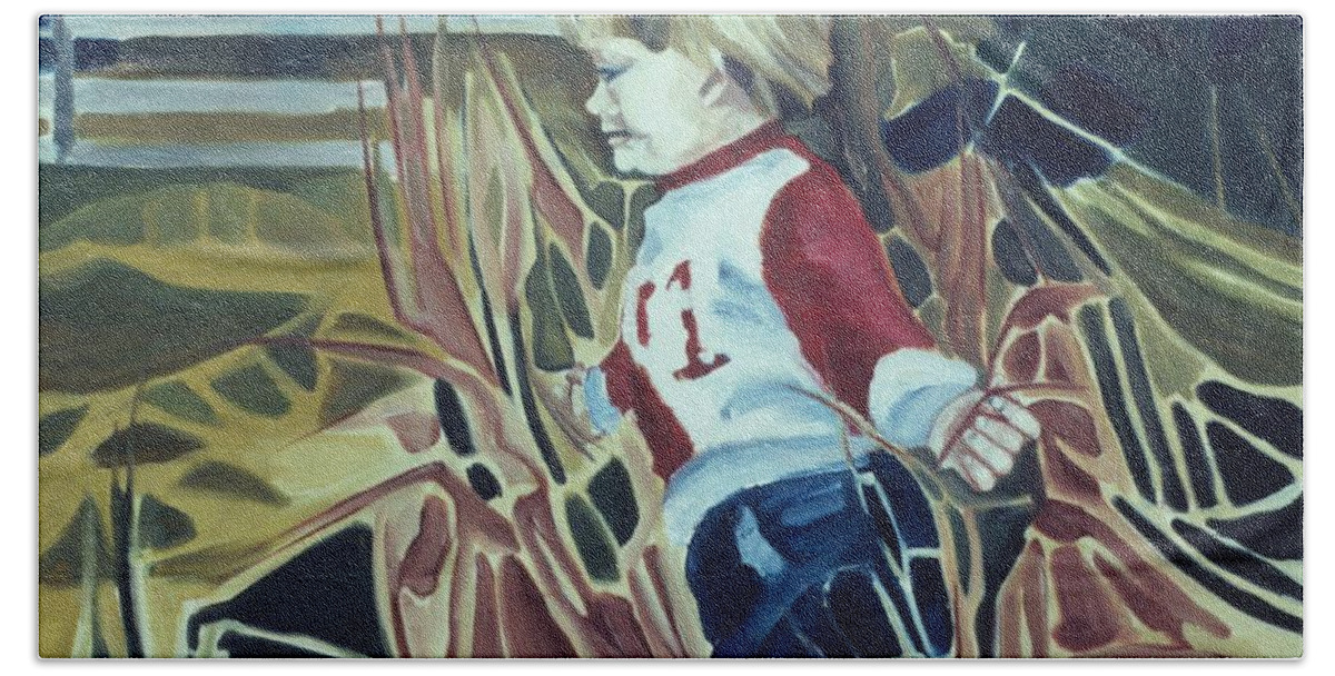 Children Beach Towel featuring the painting Boy In Grassy Field by Laara WilliamSen