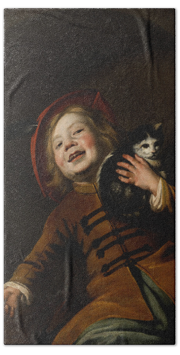 Boy With A Cat Beach Towel featuring the painting Boy with a cat by Judith Leyster