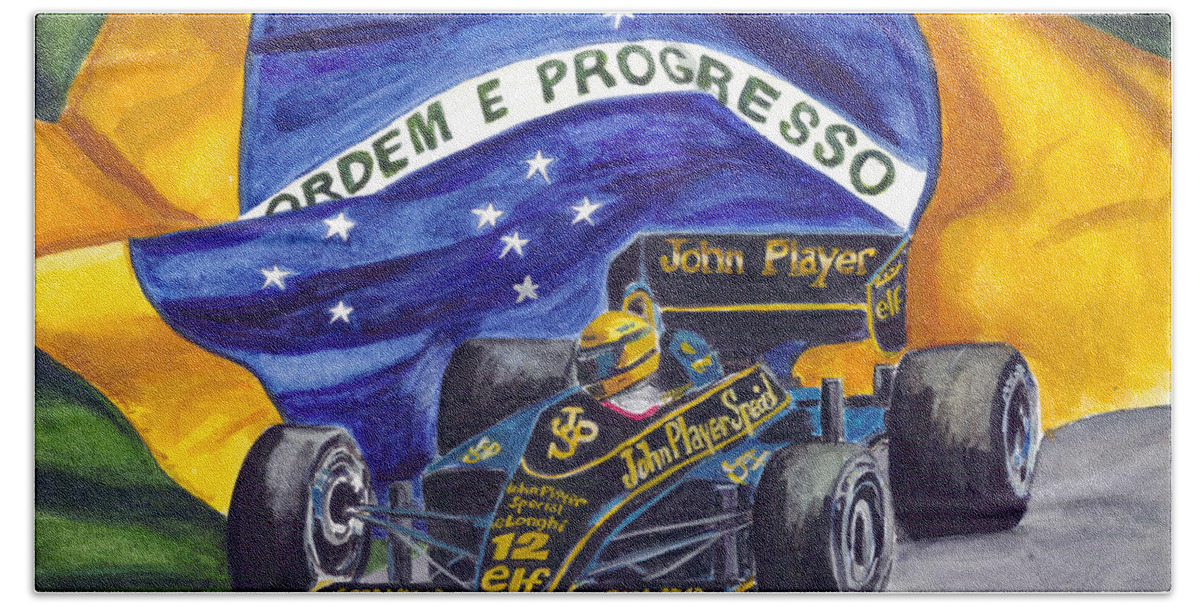 Ayrton Senna Beach Sheet featuring the painting Brazil's Ayrton Senna by Clara Sue Beym