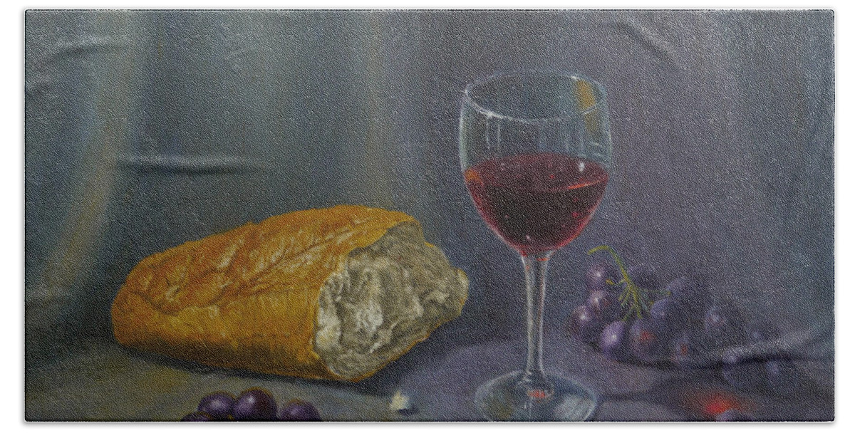 Still-life Beach Sheet featuring the painting Bread and wine by George Tuffy