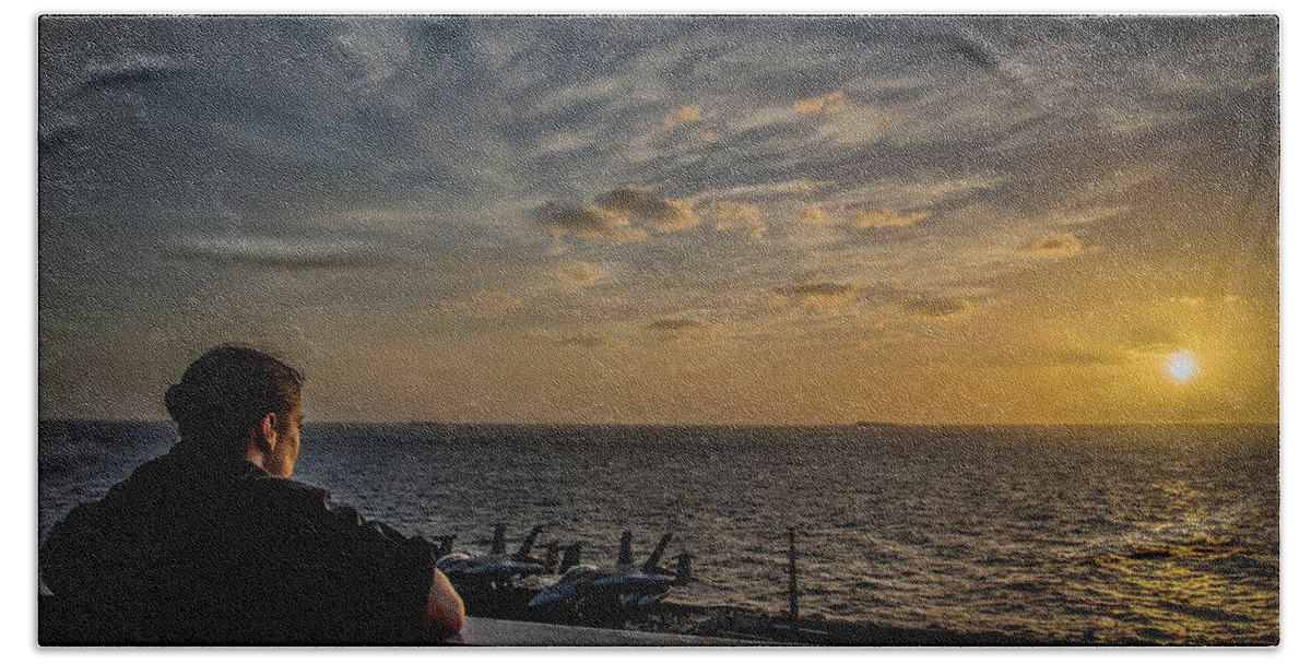 Navy Beach Towel featuring the photograph Break at Sunset by Larkin's Balcony Photography