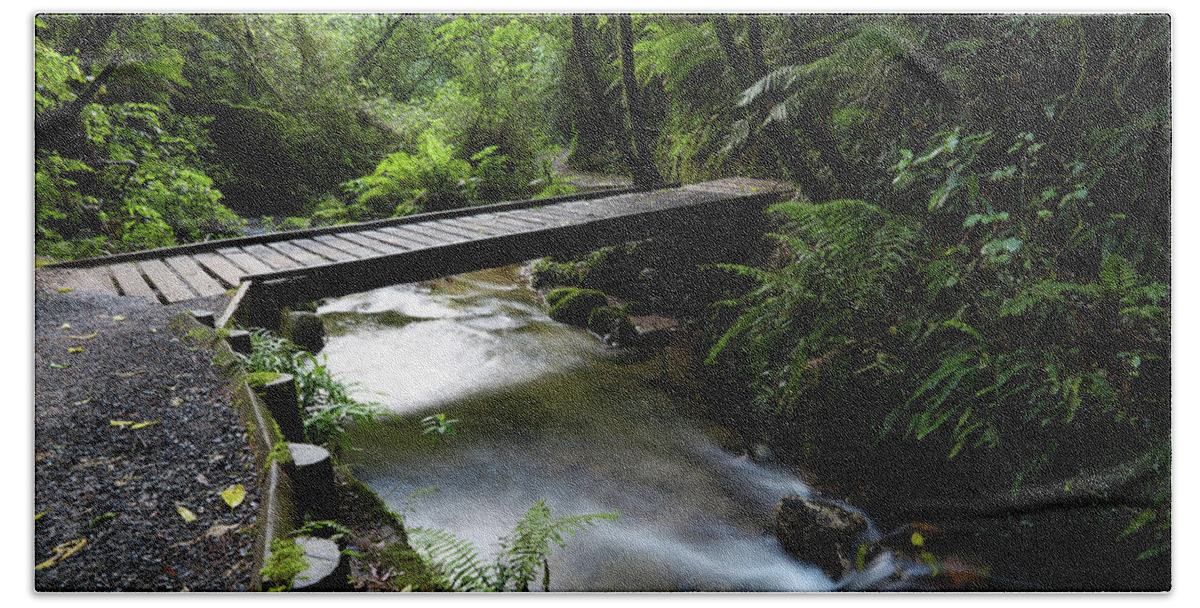 Pathway Beach Towel featuring the photograph Bridge in forest by Les Cunliffe