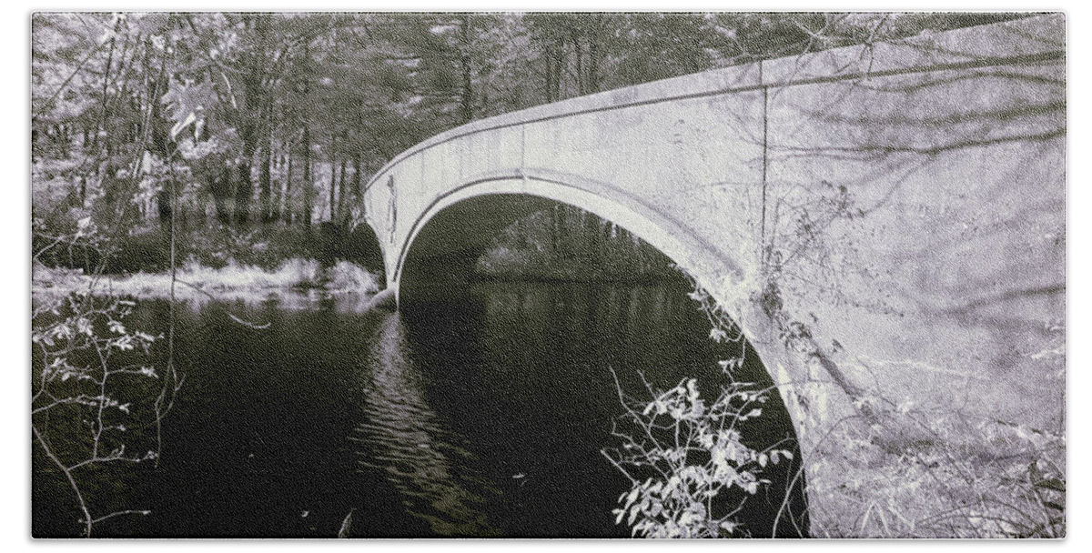 Ir Infrared Infra Red Bridge Outside Outdoors River Stream Black And White Woods Trees Hudson Ma Mass Massachusetts New England Newengland Usa Brian Hale Brianhalephoto Beach Sheet featuring the photograph Bridge over Infrared Waters by Brian Hale