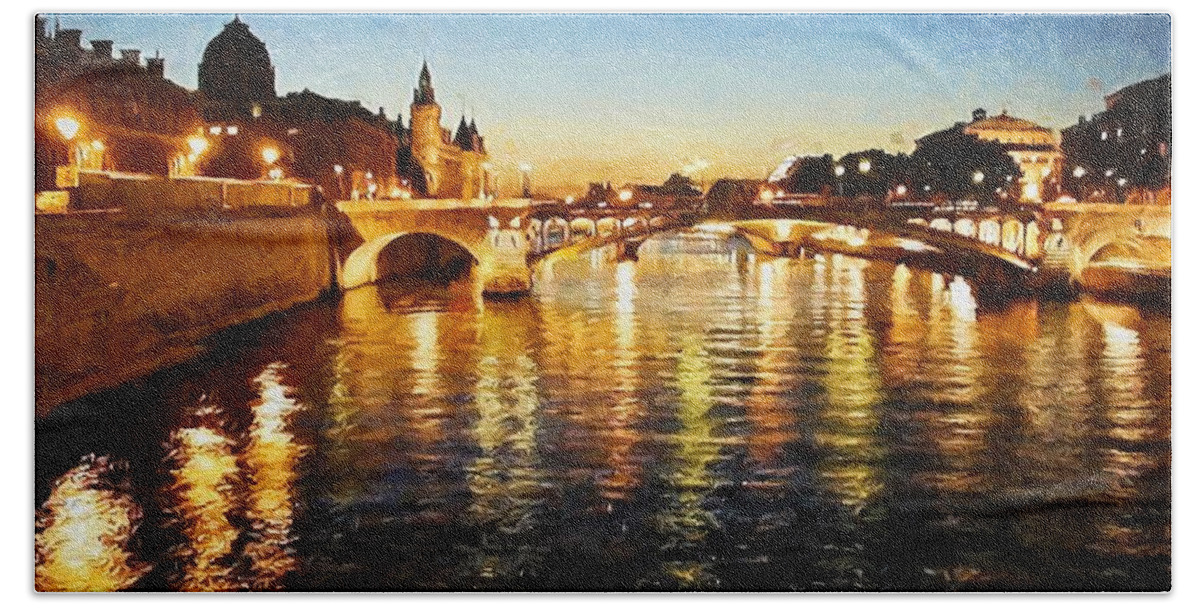 Landscape Beach Towel featuring the digital art Bridge over the Seine by Charmaine Zoe