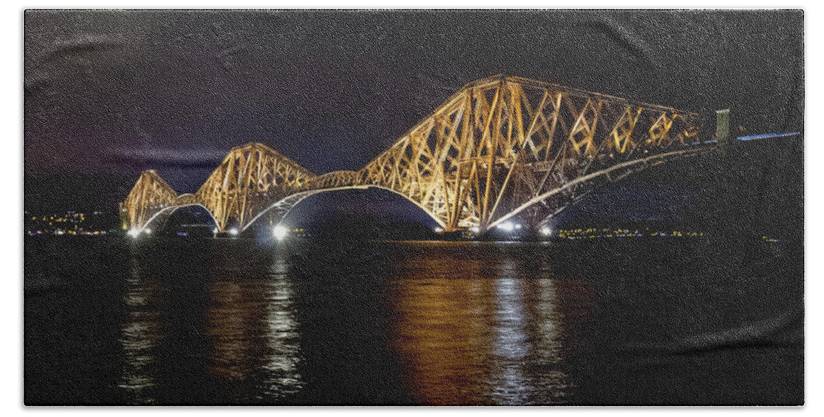 Water Beach Towel featuring the photograph Bridge over water lights. by Elena Perelman