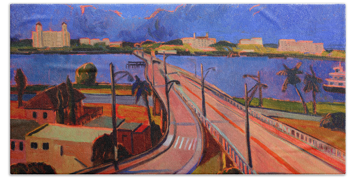 Landscape Beach Towel featuring the painting Bridge to Palm Beach by Thomas Tribby
