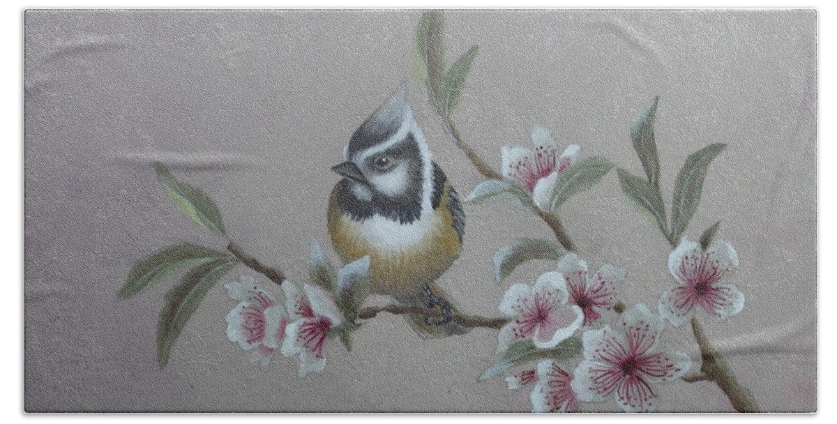 Landscape Beach Towel featuring the painting Bridled Titmouse by Kathie Camara