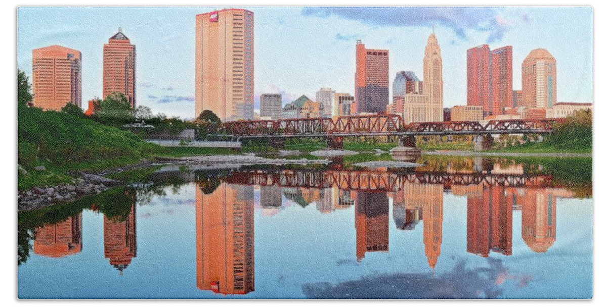 Columbus Beach Towel featuring the photograph Bright Columbus Sky and Reflection by Frozen in Time Fine Art Photography
