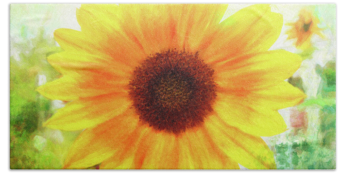 Sunflower Beach Towel featuring the photograph Bright Yellow Sunflower - Painted Summer Sunshine by Anita Pollak