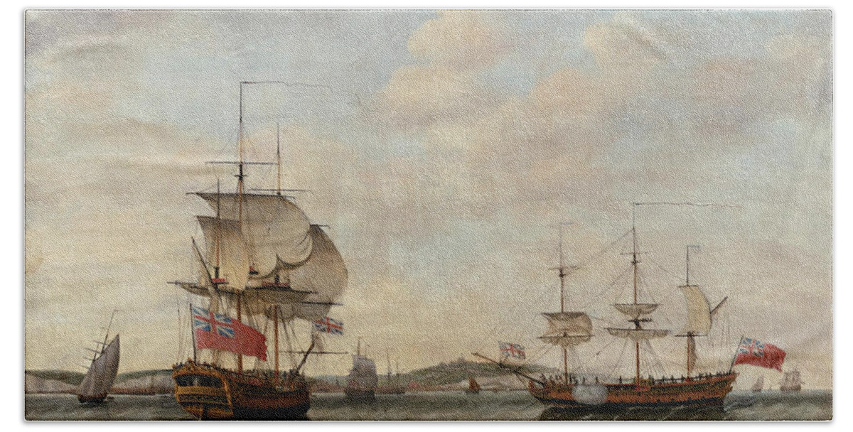 Francis Holman Beach Towel featuring the painting British 6th Rate Man of War Off Dover by Francis Holman