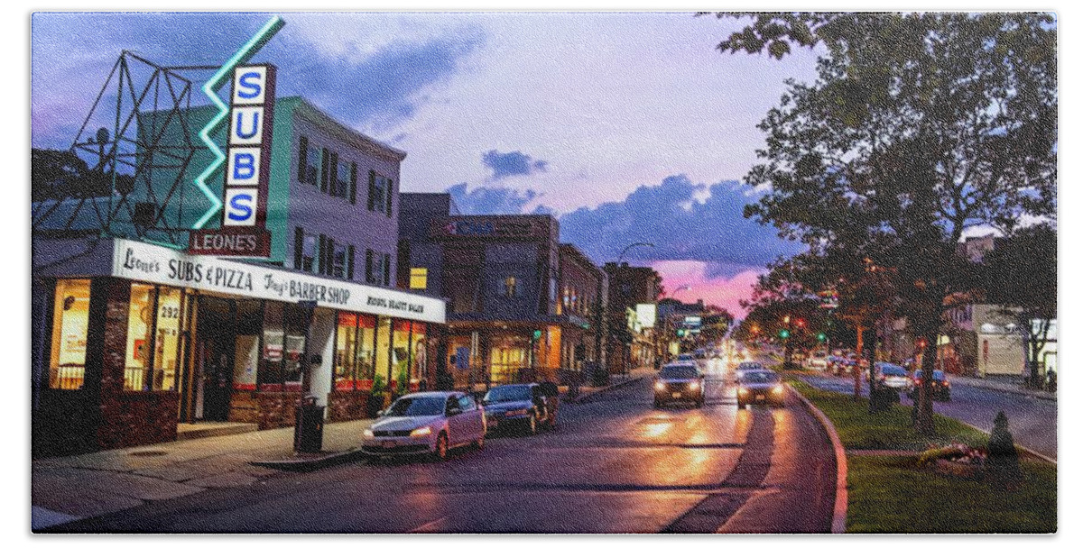 Somerville Beach Towel featuring the photograph Broadway in Somerville MA at Sunset by Toby McGuire