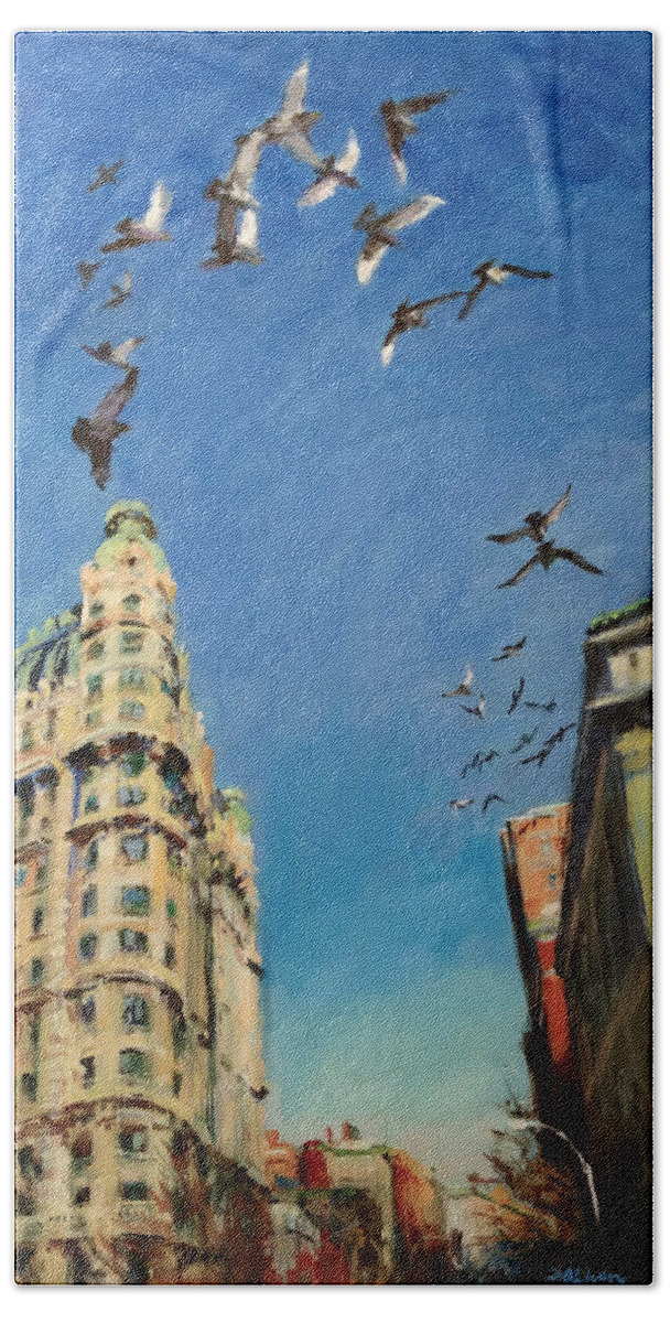 New York Beach Towel featuring the painting Broadway Pigeons No. 1 by Peter Salwen