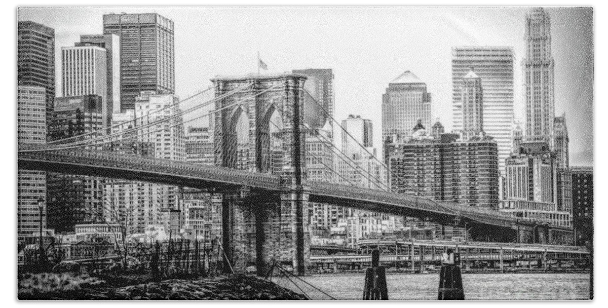 Brooklyn Bridge Beach Towel featuring the photograph Brooklyn Bridge Manhattan Landscape Architecture Black White by Chuck Kuhn