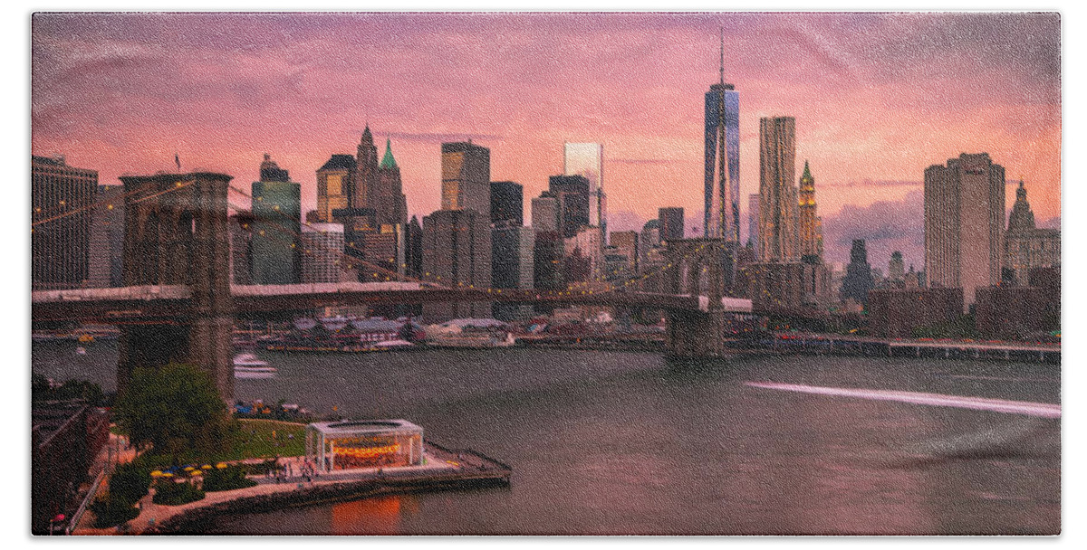 Brooklyn Bridge Beach Sheet featuring the photograph Brooklyn Bridge over New York Skyline at Sunset by Ranjay Mitra