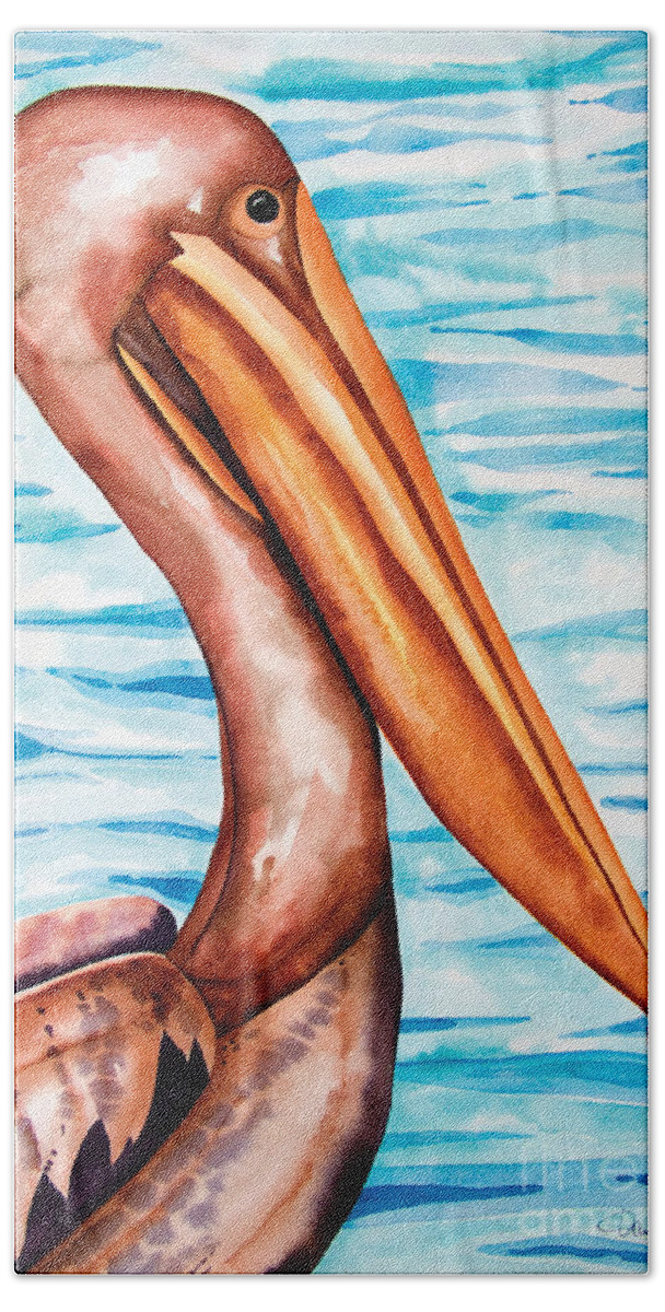 Brown Pelican Beach Towel featuring the painting Brown Pelican Portrait by Kandyce Waltensperger