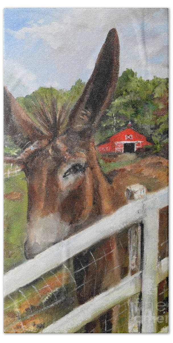 Donkey Beach Towel featuring the painting Bubba - Steals the Show -Donkey by Jan Dappen