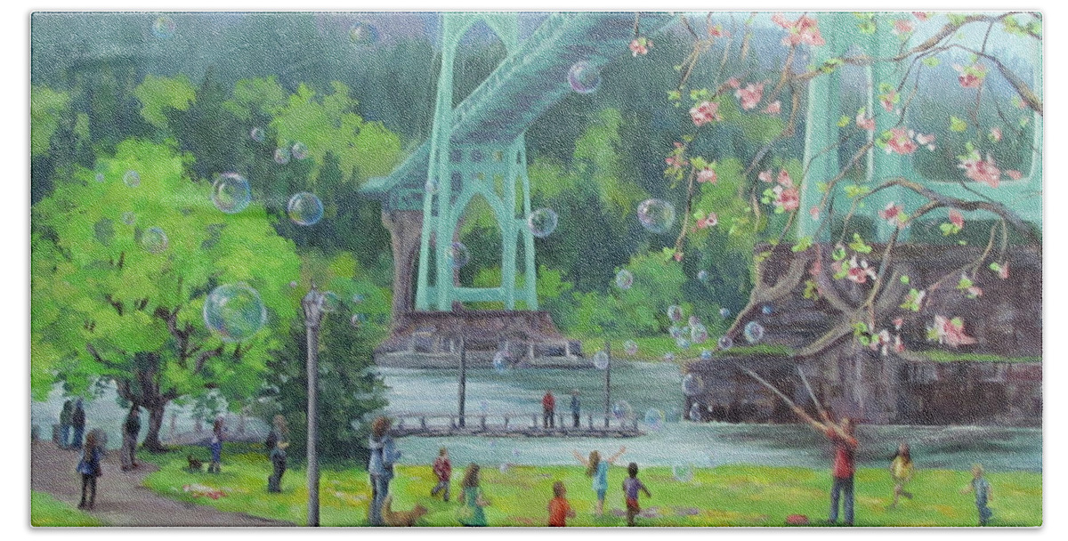 Portland Beach Towel featuring the painting Bubbly Bridge by Karen Ilari
