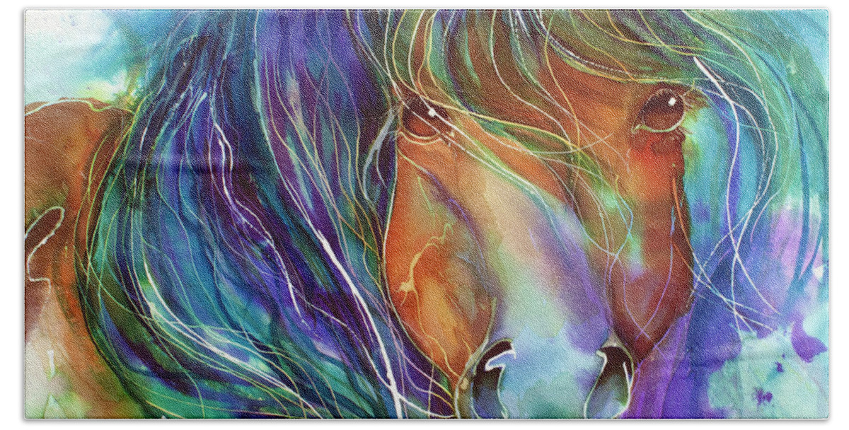 Equine Beach Sheet featuring the painting BUCKY the MUSTANG in WATERCOLOR by Marcia Baldwin