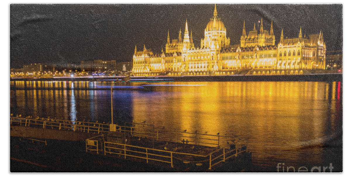 Budapest Beach Towel featuring the photograph Budapest Night View Parliament by Jivko Nakev