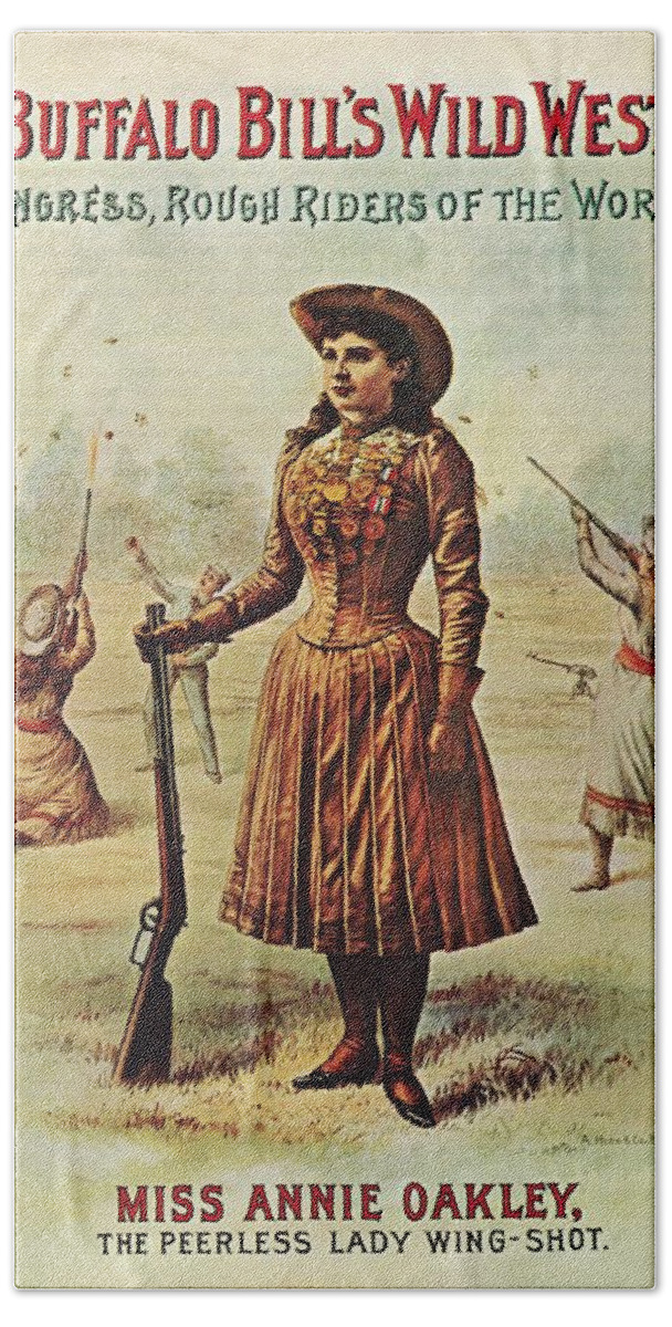 Vintage Beach Towel featuring the mixed media Buffalo Bill's Wild West Show - Miss Annie Oakley - Vintage Event Advertising Poster by Studio Grafiikka