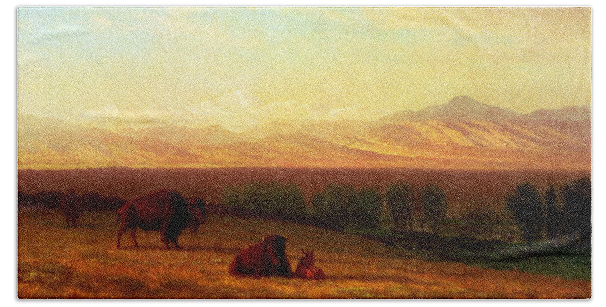 Bierstadt Beach Towel featuring the painting Buffalo on the Plains by Albert Bierstadt