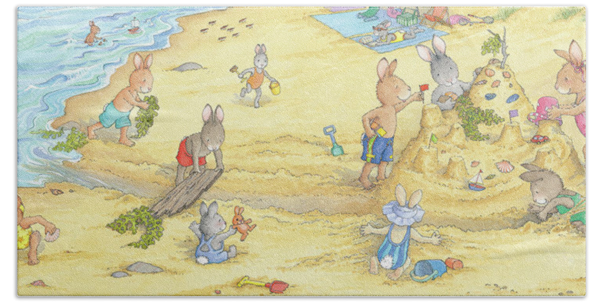 Sunny Bunnies Beach Towel featuring the painting Building Sandcastles -- No Text by June Goulding