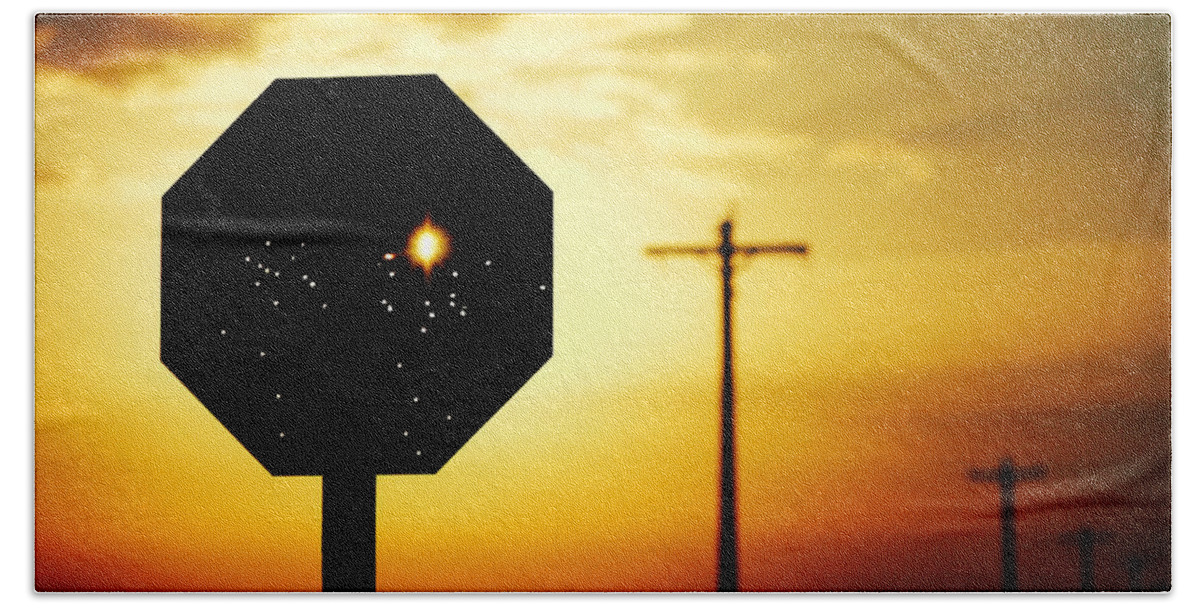 Stop Beach Towel featuring the photograph Bullet-Riddled Stop Sign by Todd Klassy