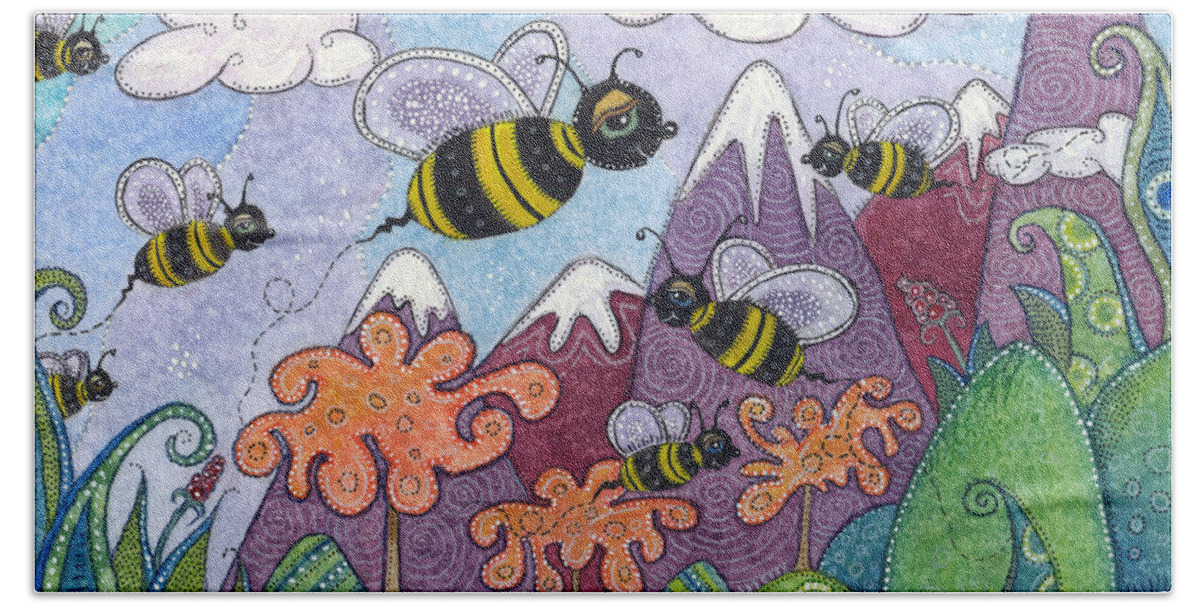 Whimsical Landscape Beach Towel featuring the painting Bumble Bee Buzz by Tanielle Childers