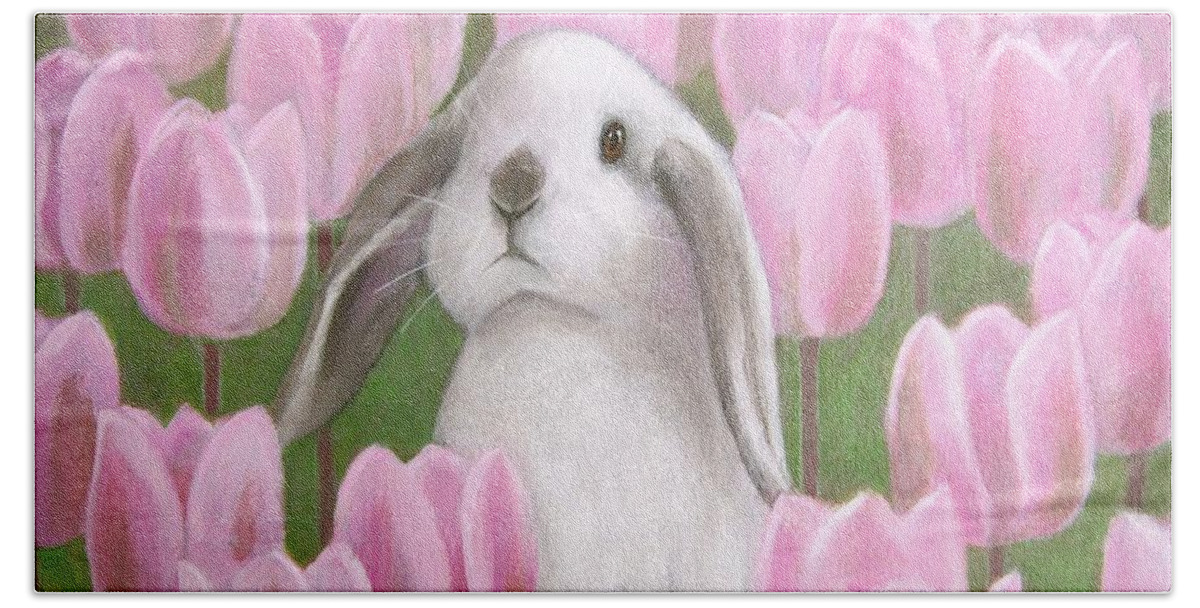 Bunny With Tulips Beach Towel featuring the painting Bunny with Tulips by Kazumi Whitemoon