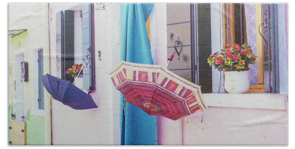 120 Film Beach Towel featuring the photograph Burano Italy Umbrellas by John McGraw
